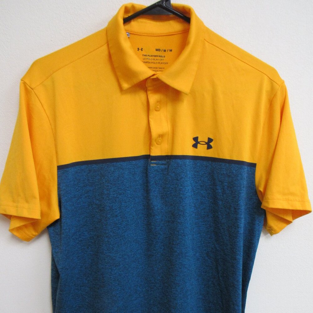 Under‎ Armour Men's M Playoff Polo Shirt Gold Blue HeatGear Performance
